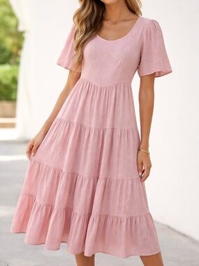 Roolee Blush Pink Textured Tiered Basque Waist Midi Dress with Flutter Sleeves